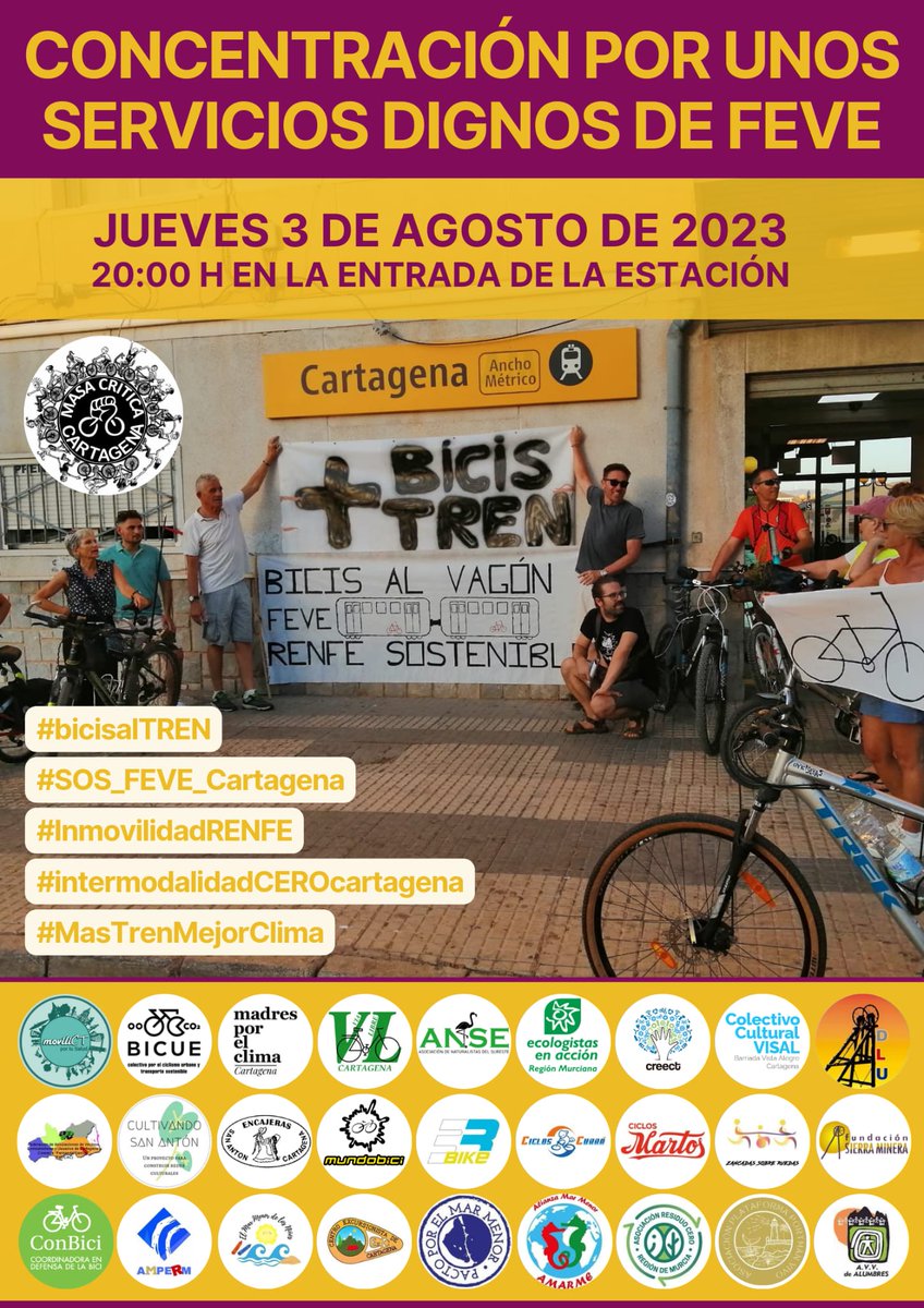 BicueCt's tweet photo. En Agosto continua la movilización! Únete!
 Tu o tus seres queridos tb podéis necesitar este servicio.
#BicisalTren #MasTrenMejorClima  #EmergenciaClimatica
 #QueremosTren #bicicleta #Cartagena 
@mitecogob @mitmagob @Fomento_RM @AytoCartagenaES @CtCSostenible @ConBici @FAVCAC1 https://t.co/GW0muhmdDj