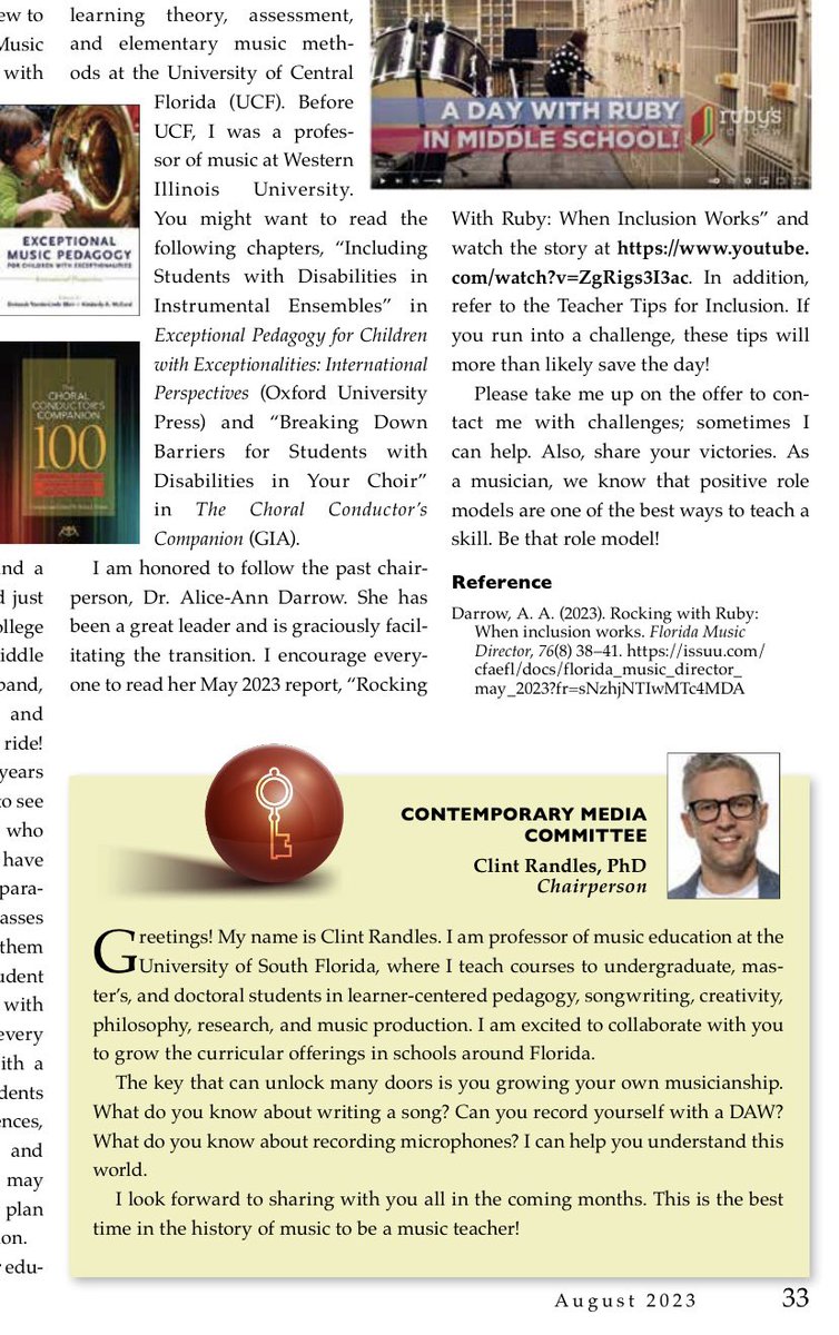 The Florida Music Director where I’m introduced as the Contemporary Media Committee Chair came out today. I’m excited to offer a new monthly column called “The Cutting Edge” about how to transform your curriculum. #musiceducation #musician
