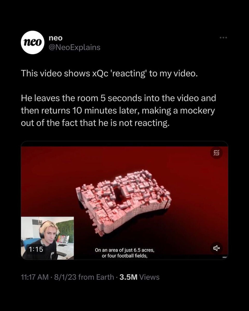 Dexerto's tweet photo. xQc facing criticism after YouTuber @NeoExplains showcased the streamer taking a 10 minute break while ‘reacting’ to his video https://t.co/6ahwCXDzWn