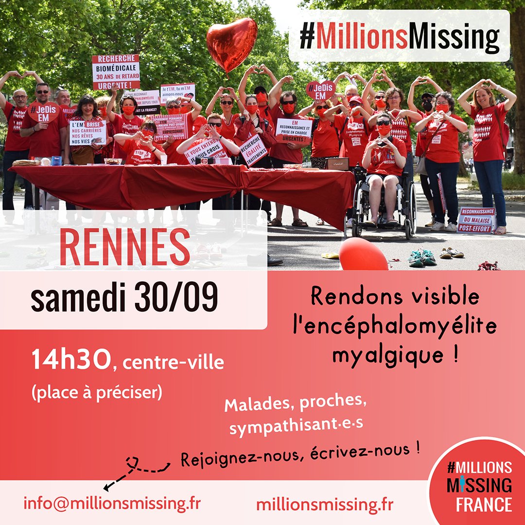MillionsMissgFr's tweet photo. Samedi 30 septembre, rendons visible l'encéphalomyélite myalgique à #Rennes !
RDV à 14h30, place du centre-ville à confirmer. 
Rejoignez @LouFst, Nolwenn &amp; leurs proches ! 

👉https://t.co/FuP0t8CVek

#MillionsMissing
🧶 1/3 https://t.co/rhzCIs4xhN