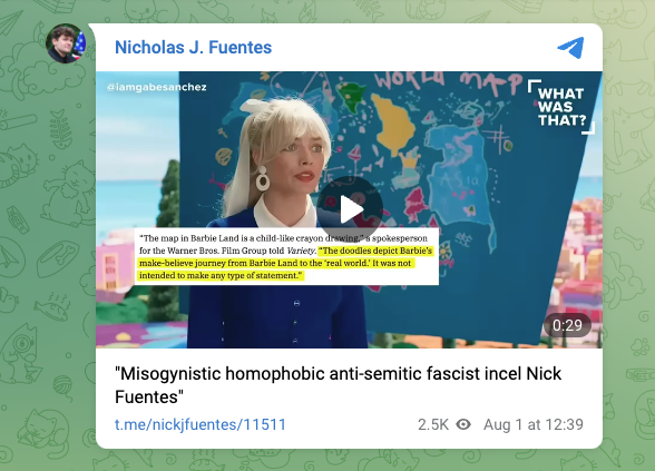 WhatWasThatShow's tweet photo. Looks like Nick Fuentes watched our recent episode of "What Was That?" and his fans are not happy.

Watch the Barbie episode to see why: https://t.co/8KTGCf9FRg https://t.co/7ImR4hlFG9