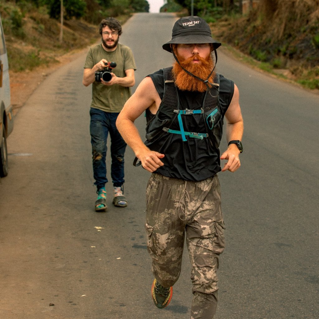 hardestgeezer's tweet photo. #ProjectAfrica Day 101/102: 42.2km/42.2km

We peaced out of the 3rd country of the mission. Rocked up to DRC and it has been non stop chaos ever since. Thought I was in for it today when a group of blokes pulled infront of me on motorbikes asking to chat. Not my first rodeo. Hard swerve. No Francais monsieur.

They then followed me down the road but turned out to be non uniform officials wanting to check my documents after some locals flagged an odd looking bloke running through the villages. Fair to assume ginger lads hitting steady 1s & 2s aren’t a regular occurrence in these parts of the world.

Few delays to proceedings with this type of logistical dilemas over the last couple days but eventually pulled up to this lovely little village this evening after being invited in by the chief. Top bloke. Big day planned for tomorrow🫡