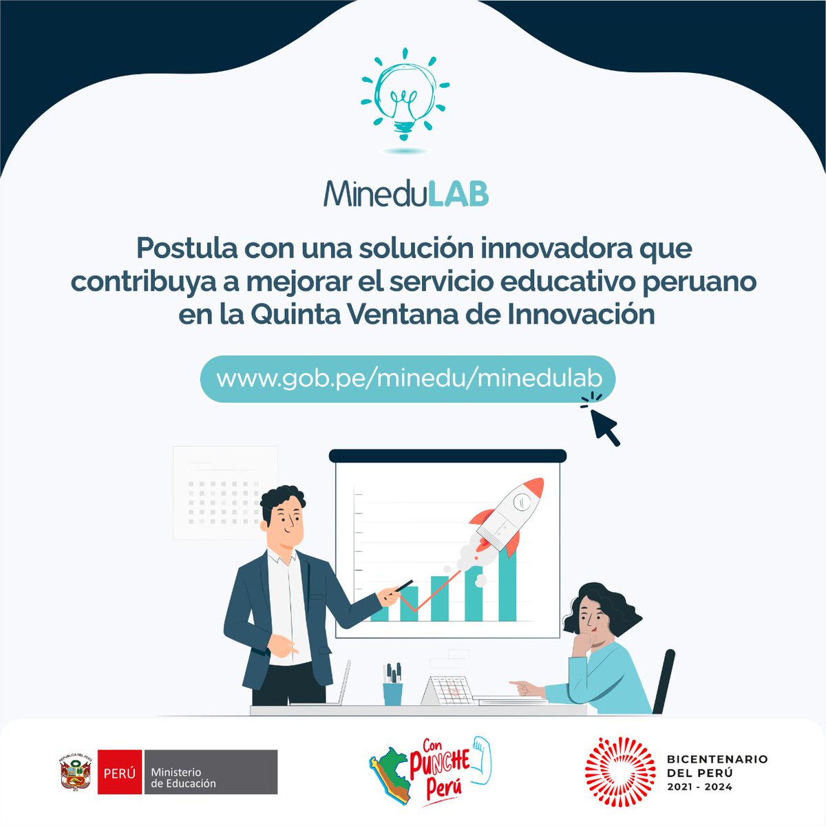 MineduPeru's tweet photo. 📢 ¿Estás afiliada/o a un centro de investigación o universidad? ¿Buscas generar un impacto en las políticas educativas?
📢Postula a la Quinta Ventana de Innovación de #MineduLAB.
#Innovación #Investigación #Convocatoria #TrabajemosSinCorrupción https://t.co/T3jjxnxbfI