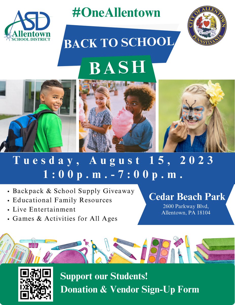 The countdown is ON! We are just two weeks away from the first annual #OneAllentown Back to School Bash! This event will take place on Tuesday, August 15, 2023 from 1:00 pm. - 7:00 p.m. at Cedar Beach Park! 
More detail: bit.ly/3O4CLCY