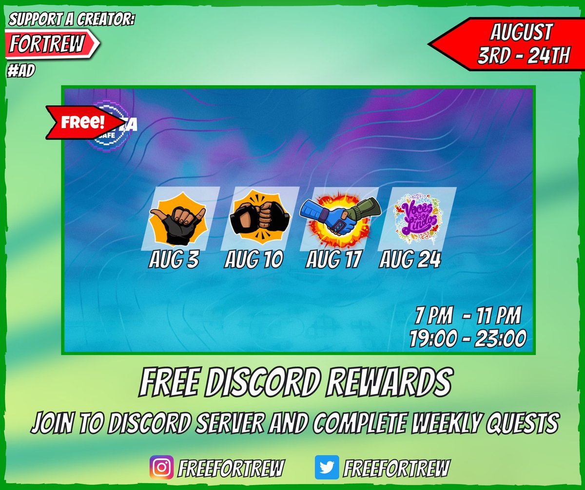 freefortrew's tweet photo. Free Discord Rewards

Join to the Fortnite Brazil &amp; Portugal Discord Server, go to the #quinta-safe channel and follow the instructions.

Then play at least one hour with your assigned teammate between 19:00 and 23:00 on the following days:
• August 3rd, 10th, 17th and 24th. https://t.co/bYaEqEjKsA
