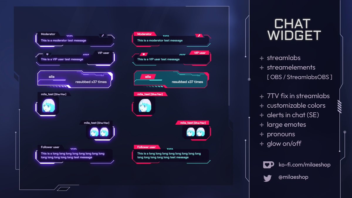 milaeshop's tweet image. [P2U asset]  ㅡ Cyber style chat widget [2]
・Streamelements and Streamlabs  
・Colors customizable ・Pronouns 
・Glow on/off 
・Large emotes (7TV support in both versions)
・Alerts in SE version  ...and more settings

#VTuberAssets #streamassets #chatwidget