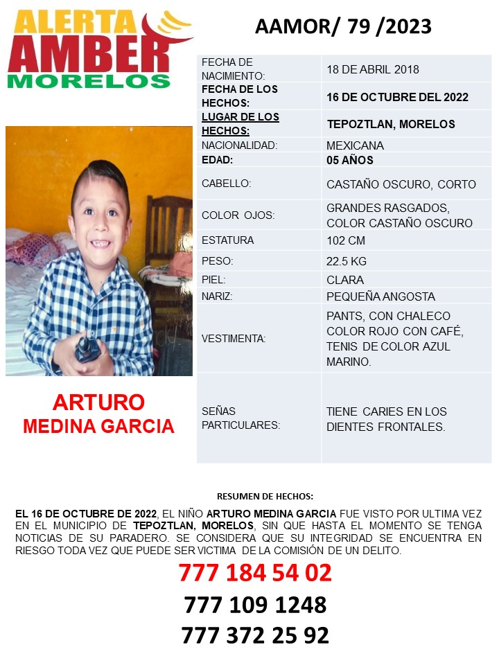 La Fiscalía General del Estado de #Morelos  activa el protocolo #AlertaAmber y solicita su colaboración  para dar con el paradero de ARTURO MEDINA GARCIA de  5años, quien fue visto por última vez en #Tepoztlán