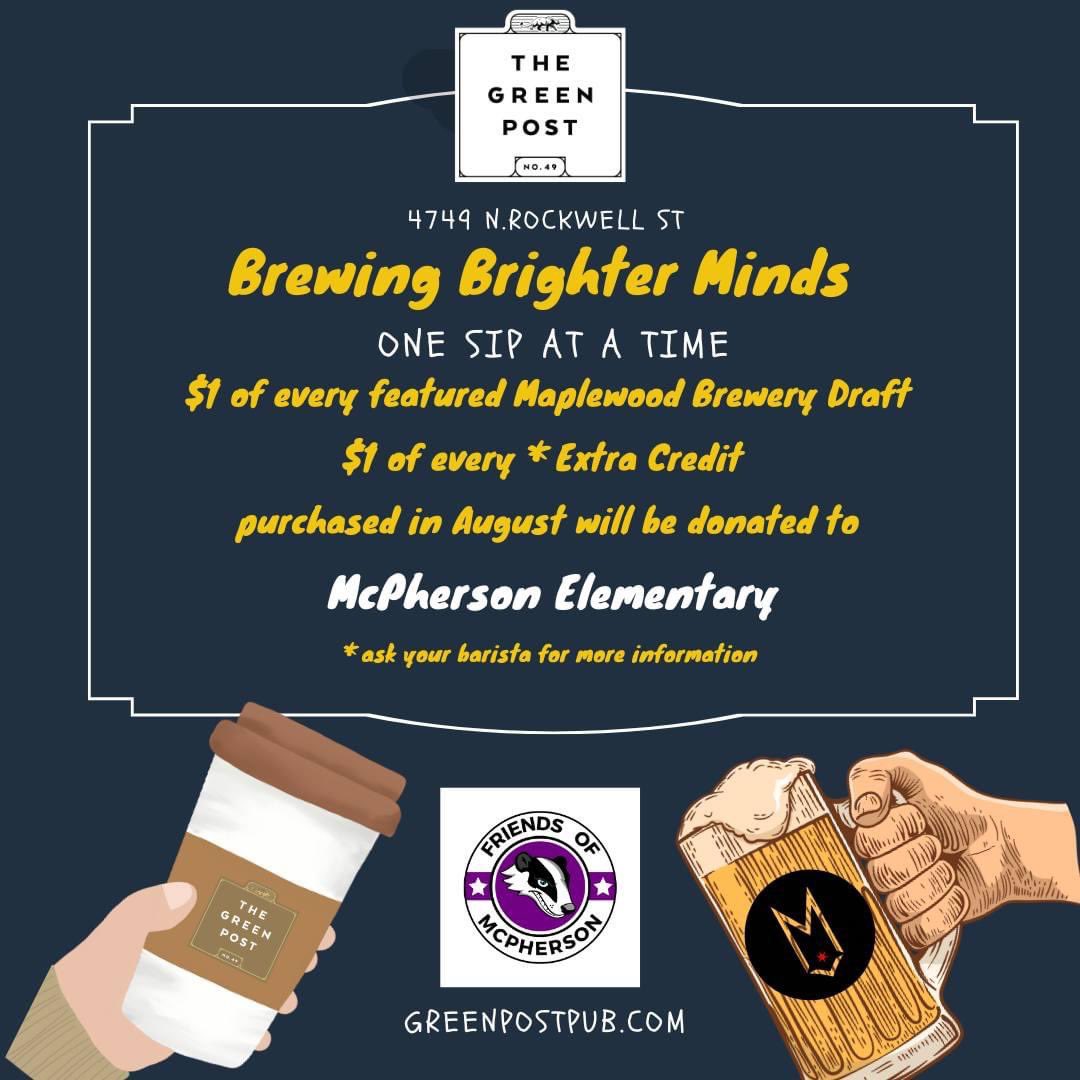 This month sip on our ‘Extra Credit’ or featured @maplewoodbeer. $1 of each sold in August will be donated to Mcphersom Elementary! #lincolnsquare #community #fundraiser #supportlocal #tuesdaymotivation