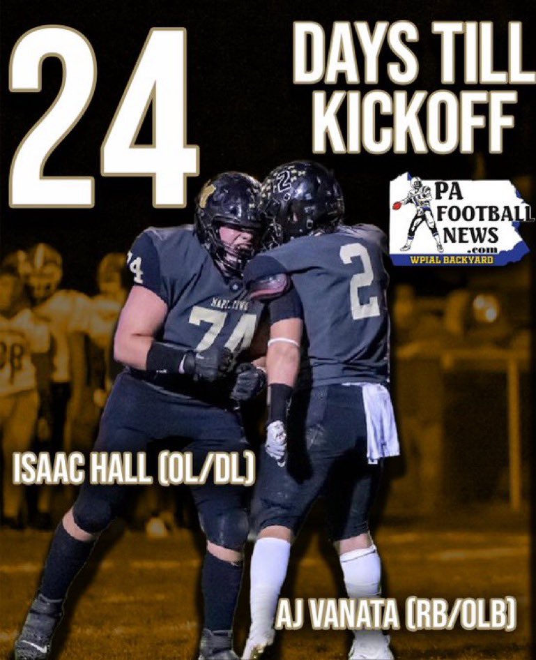 PFNBackyard's tweet photo. THE COUNTDOWN CONTINUES…
- 
We’re 24 DAYS from KICKOFF‼️
-
Today’s Player(s): Isaac Hall (OL/DL) &amp; @avanata2 (RB/OLB) from @MapletownSports 
-
For the best coverage of high school and college football in the state stay HERE &amp; @PaFootballNews 
-
Graphic: @SpozarskiEthan https://t.co/962EM6H6dK
