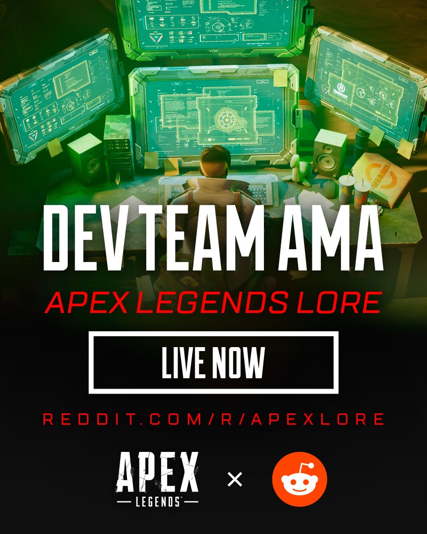 Respawn's tweet photo. The time has come! Get all your questions answered as the dev team dives into our latest AMA on r/ApexLore. 

We'll be chatting through all things related to the story of Apex Legends from now until 3 pm PT!
 
➡️ https://t.co/ylTqjI6maY https://t.co/9o94kL4Bdw