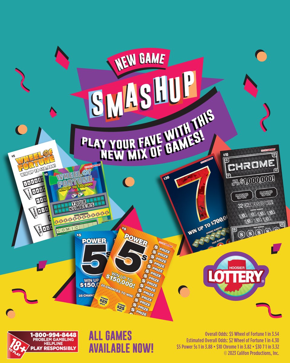 hoosierlottery's tweet image. Check out your new favorite mix of games from the Hoosier Lottery. 

Try your hand at the $2 Wheel of Fortune, $5 Power 5s, $10 Chrome or $30 7 Scratch-off from your favorite retailer. 

Don’t forget, the $2 Wheel of Fortune Fast Play game! Learn more: HoosierLottery.com/Wheel.