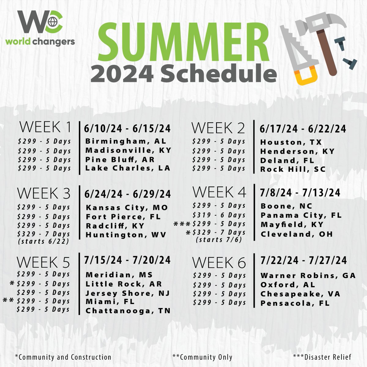 We just wrapped up #Summer2023 of #WorldChangers - but never fear, the schedule for #Summer2024 is SET and you can register NOW!

Lock in your dates for next summer before your favorite project site is full: world-changers.net/2024projects