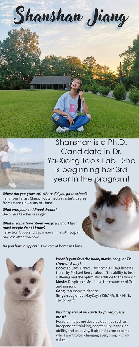 🌟Student Spotlight🌟 This month we are featuring Shanshan Jiang, a PhD Candidate in Dr. Tao's lab #GPCR #AcademicTwitter #PhDstudent @AuburnU @AuburnVetMed ⬇️⬇️⬇️⬇️