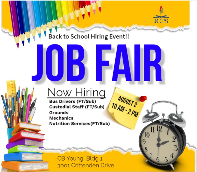 JcpsOperations's tweet photo. Tomorrow's the Big Day @JCPSKY #JobFair Hope to see you! Free Parking, Information about GED Enrollment, Speak with Hiring Managers, y Hablamos Espanol! #WeAreJCPS #SomosJCPS #BacktoSchool https://t.co/Hf0apbjgwf