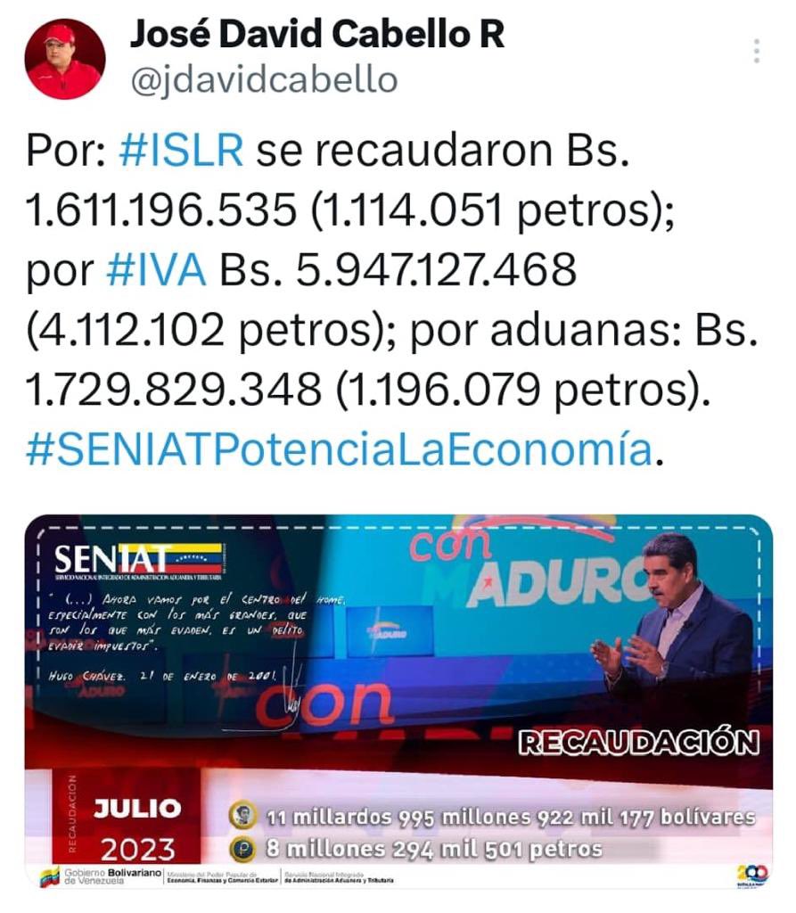 sesilvio's tweet photo. ℹ️🗞️ EsNoticia:  SENIAT recaudó 11 millardos 995 millones 922 mil 177 bolívares durante el mes de julio https://t.co/D7jzBovjjx https://t.co/dOHIj6yxCw