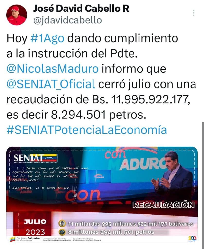 sesilvio's tweet photo. ℹ️🗞️ EsNoticia:  SENIAT recaudó 11 millardos 995 millones 922 mil 177 bolívares durante el mes de julio https://t.co/D7jzBovjjx https://t.co/dOHIj6yxCw