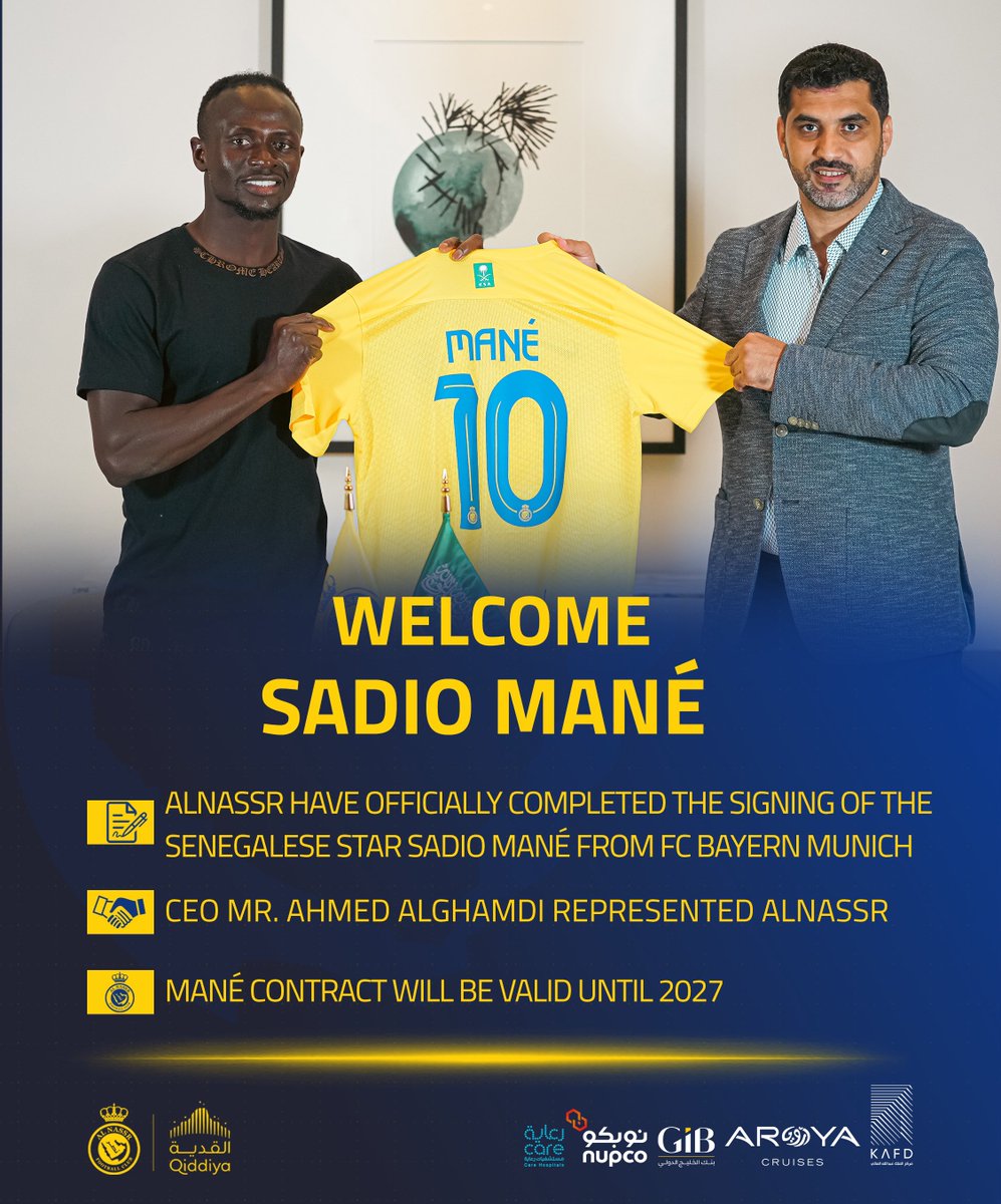 AlNassrFC_EN's tweet photo. We have officially signed the Senegalese Star Sadio Mané ✍️

We wish him good luck with our stars 🙏
#ManéIsYellow 💛 https://t.co/cMkPKIRzgr