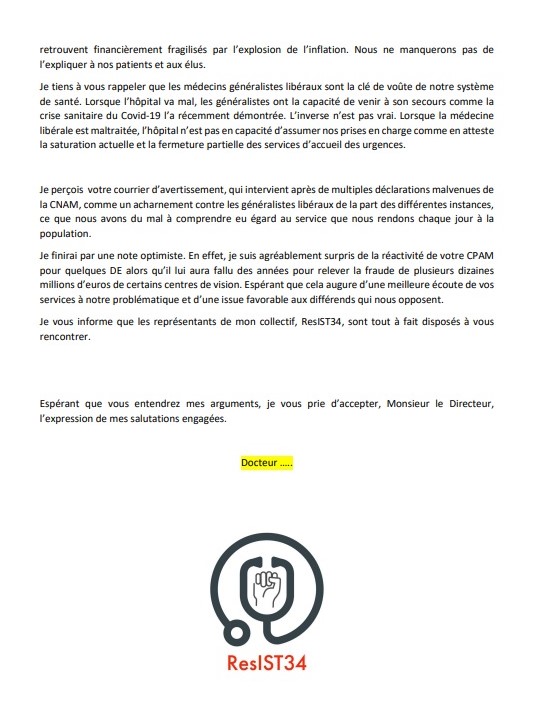 Comeli49's tweet photo. Belle réponse du collectif de médecins #Resist34 au courrier administratif de leur CPAM leur rappelant sèchement leurs devoirs conventionnels en matière de dépassement d'honoraires. La #Comeli49, solidaire, salue la pertinence de l'argumentation. https://t.co/E5iRl0UA3I