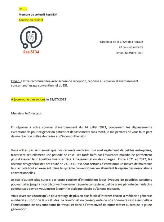 Comeli49's tweet photo. Belle réponse du collectif de médecins #Resist34 au courrier administratif de leur CPAM leur rappelant sèchement leurs devoirs conventionnels en matière de dépassement d'honoraires. La #Comeli49, solidaire, salue la pertinence de l'argumentation. https://t.co/E5iRl0UA3I
