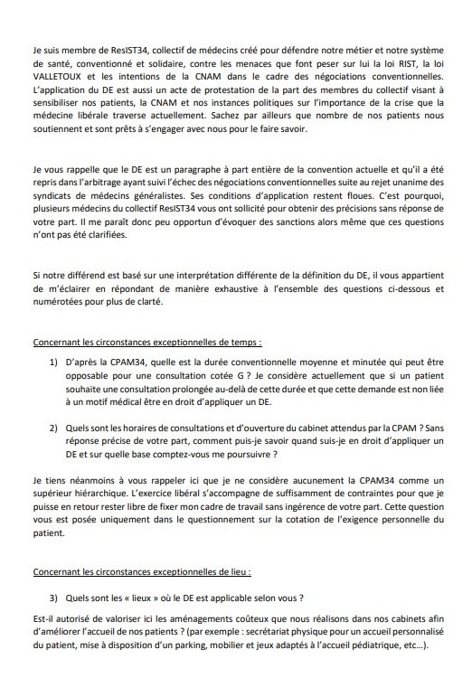 Comeli49's tweet photo. Belle réponse du collectif de médecins #Resist34 au courrier administratif de leur CPAM leur rappelant sèchement leurs devoirs conventionnels en matière de dépassement d'honoraires. La #Comeli49, solidaire, salue la pertinence de l'argumentation. https://t.co/E5iRl0UA3I