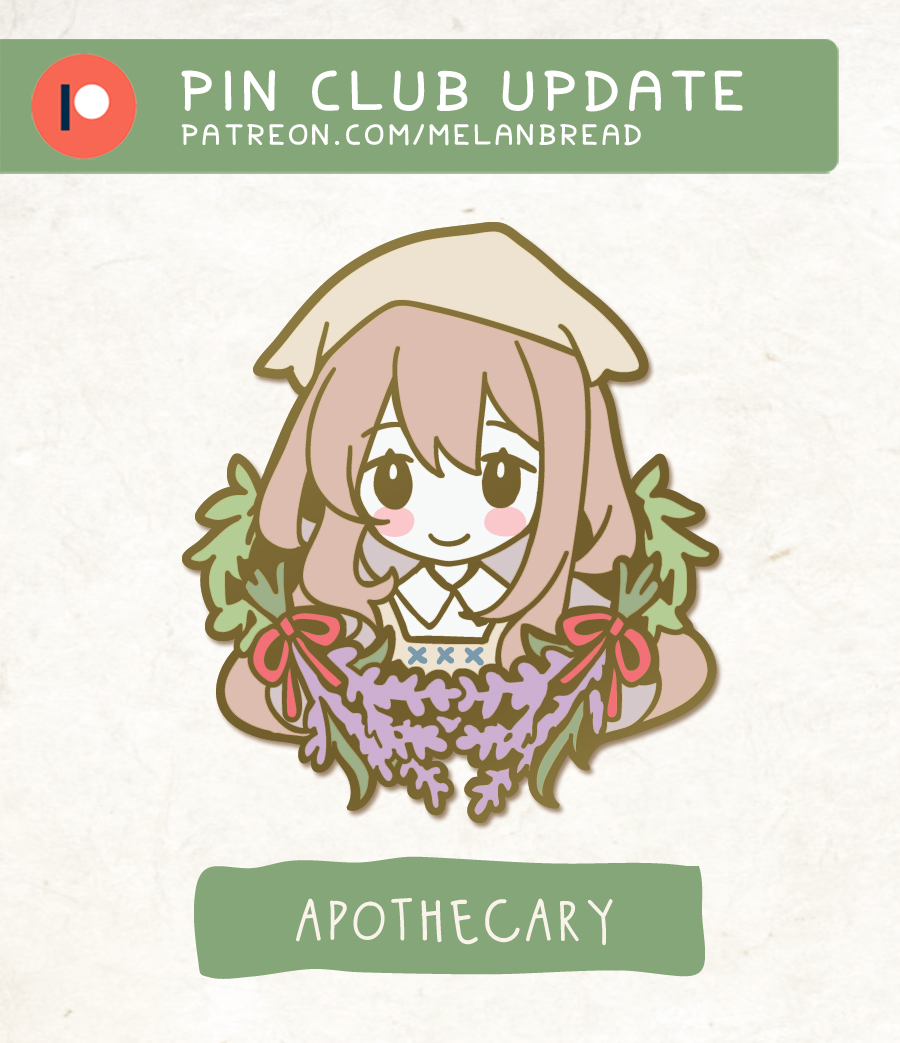 September's Patreon theme is "Apothecary" featuring my herbalist original character. This month's merch will be a pin, a PVC postcard w/ gold foil, textured sticker sheet w/ gold foil, and a vinyl diecut sticker! Pledge during the month of September 2023 to get it shipped.