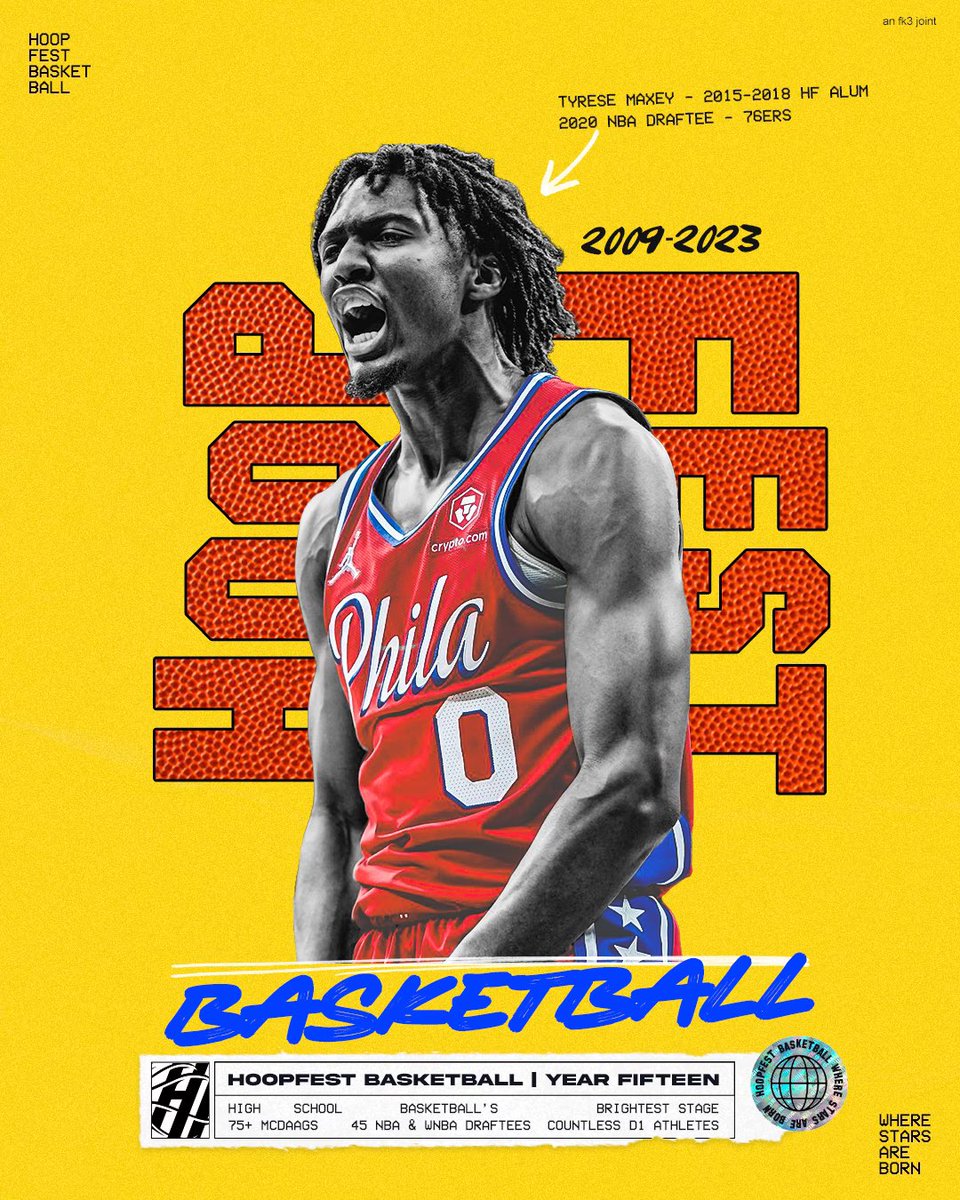 HoopfestB's tweet photo. 𝗬𝗘𝗔𝗥 𝟭𝟱. 𝗚𝗘𝗧 𝗬𝗢𝗨𝗥 🍿 𝗥𝗘𝗔𝗗𝗬

🗓️&amp;📍Aug. 3 | #HoopfestBasketball

Alumni Showcase:
Tyrese Maxey
2015-2018, South Garland HS
✅ Top-10 Ranking
✅ @McDAAG Selection
✅ First-Round NBA Draft Pick

#WhereStarsAreBorn ⭐️⭐️⭐️⭐️⭐️ https://t.co/HveDjKVxZy