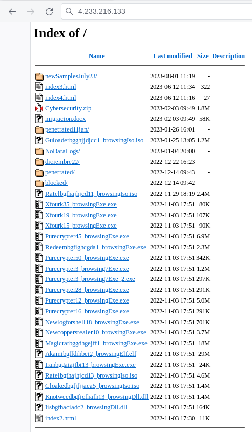 ULTRAFRAUD's tweet photo. Red Teaming repo? Test lab? TA repo? ⁉️
Lots of #malware samples spotted at /4.233.216[.133 #opendir including #Guloader #Purecrypter #MagicRAT #Hive and several others 💀 https://t.co/jruSFfX9nd