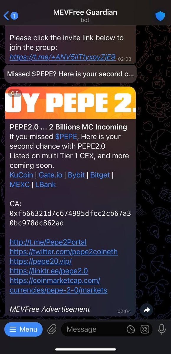 VenusQueen19's tweet photo. Not only $UNIBOT is using #MevFree bots but other projects like #PEPE2.0 $OPTI $KABOSU $DWIT is also using #MevFree ads.

They have 44,000+ telegram groups &amp; 1 million users using it.

In next 2-3 weeks the revenue share will grow exponentially since #TradeShield is launching. https://t.co/6PyvDtCo8r