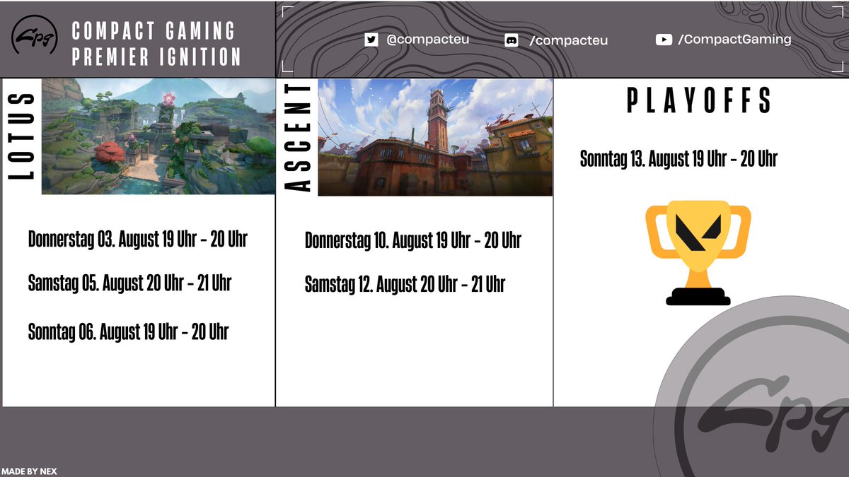 Die nächste Runde für Premier geht weiter. Wir haben den Spielplan für den Monat August vor uns und er sieht spannend für unsere Teams aus. Wir Compact Gaming wünschen unseren Spielern &amp; Teams viel Glück beim zweiten Monat des Valorant Premier Events!💪