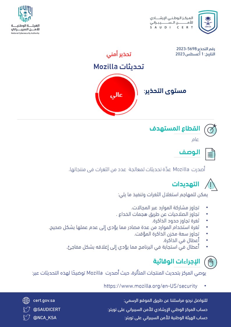 🔴 تحذير أمني: 

بادر بإجراء التحديثات الأمنية على منتجات Mozilla.

🔗cert.gov.sa/ar/security-wa…