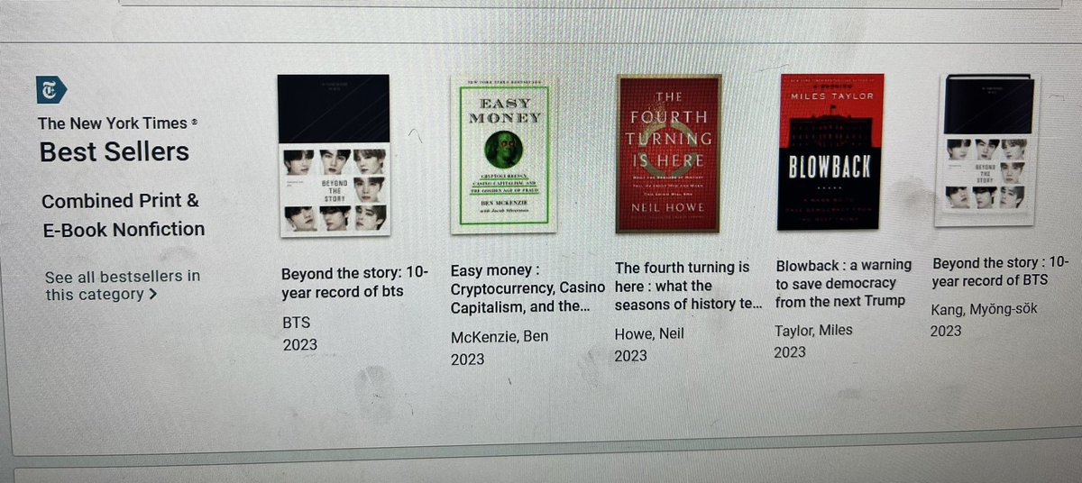 lolacabana's tweet image. Look here from my library’s catalog:
See what is says… NYT Best Sellers
Tada… BTS Beyond the Story
#librarycatalog #NYT #bestsellers #BEYOND_THE_STORY #BTS
