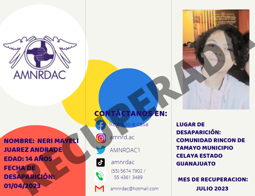 AMBEDI_1's tweet photo. Sigamos trabajando de la mano agradeciendo a todos, que NERI MAYELI
JUAREZ ANDRADE ha sido localizada y ya esta de #regresoacasa #AYUDAAMNRDAC #AMNRDAC RT
@botDesaparecidx

@botDesaparecidx

#Desaparecidos https://t.co/1SpWShcoJC