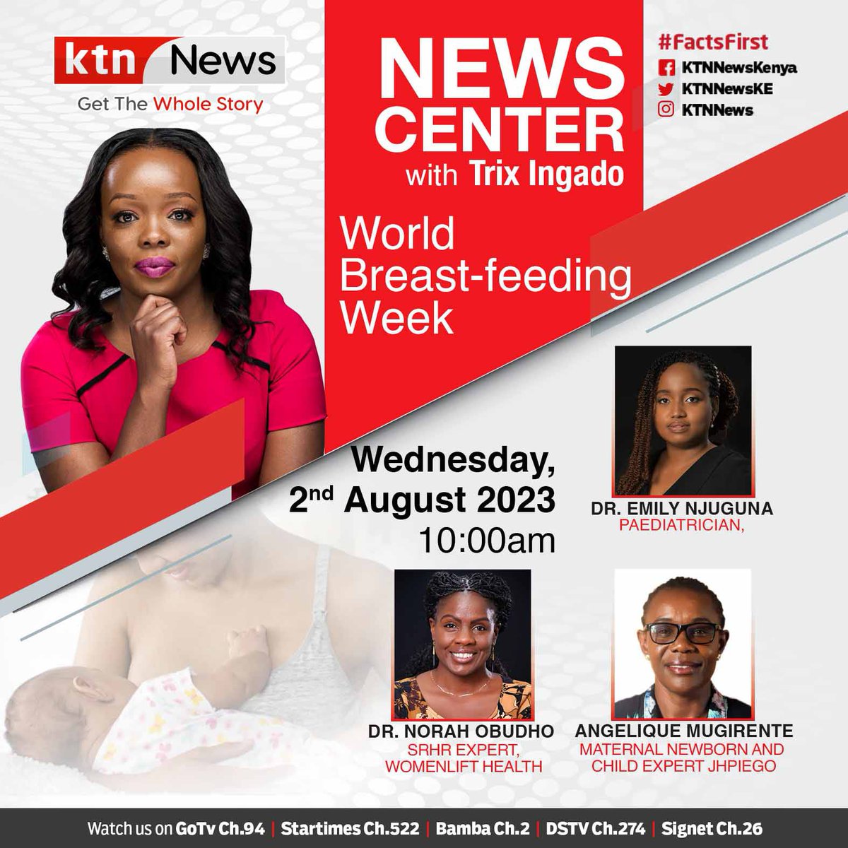 Join us tomorrow morning as we discuss the provisions necessary to support women in informal/formal employment to breastfeed successfully. 

@citizentvkenya @KTNNewsKE @womenlifthealth @NorahAOO @MANiefest @mdjkitulu 

#WBW2023  #WorldBreastfeedingWeek2023  #breastfeeding