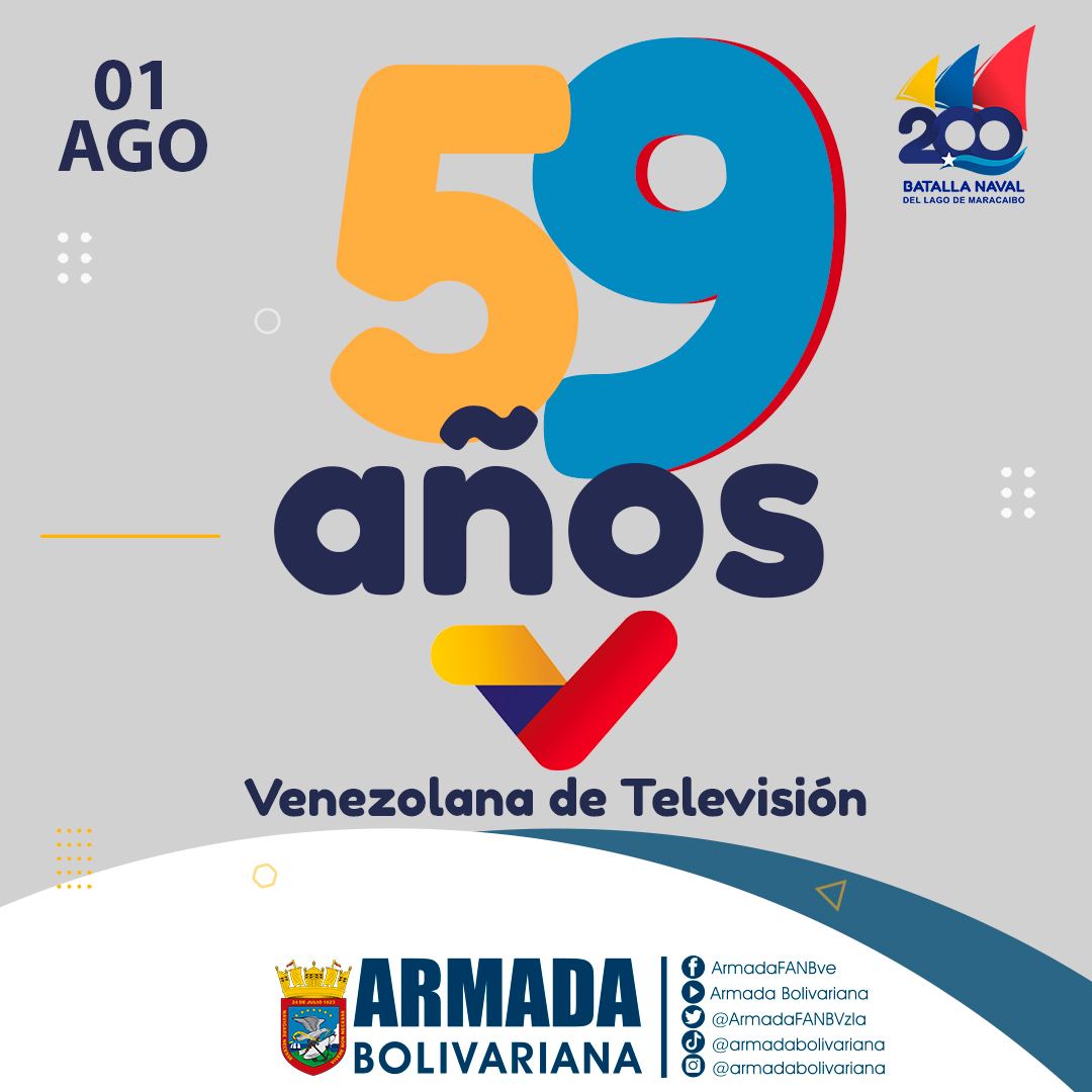 📌 Desde la <a href="/ArmadaFANBVzla/">Armada_ve</a> nos enorgullece celebrar el 59° Aniversario de <a href="/VTVcanal8/">VTV CANAL 8</a>, ¡El canal de todos los venezolanos!. Bravo Zulú a todos los hombres y mujeres que con mística  y profesionalismo asumen el compromiso de seguir el camino de la batalla comunicacional.