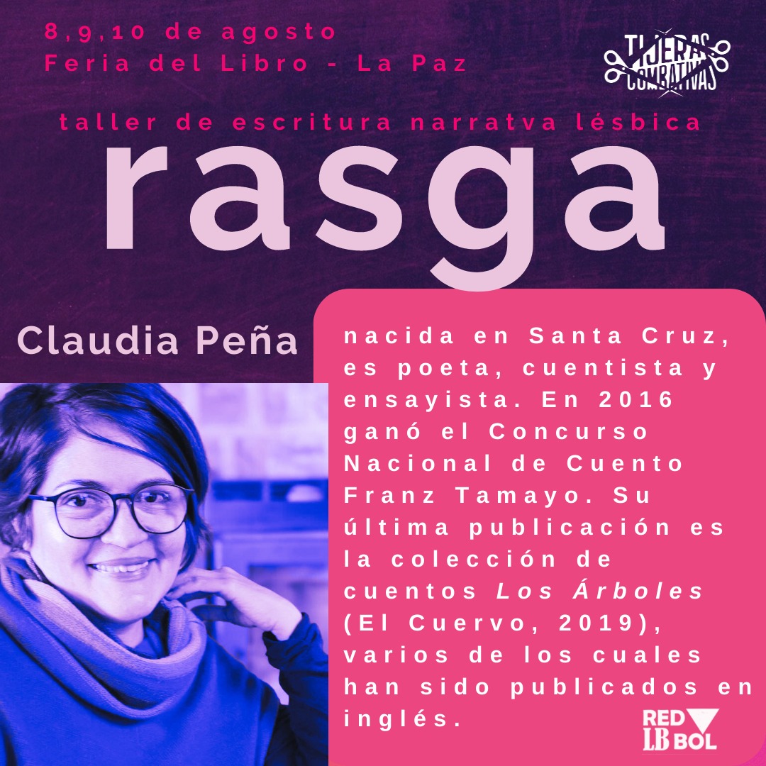 ¿Quieres escribir cuentos? Te proponemos un taller de escritura de cuentos con la autora Claudia Peña. 
El taller es para lesbianas, bisexuales y queers, y se imparte de forma gratuita los días 8, 9 y 10 de agosto en La Paz. Inscríbete en este enlace: forms.gle/qU3P9EHGf3BRtB…