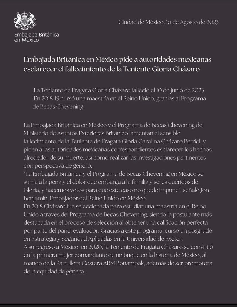 @SEMAR_mx @FGE_Veracruz La embajada de Reino Unido, pide esclarecer los hechos del caso de la teniente Cházaro #justiciaparachaz @CheveningMX