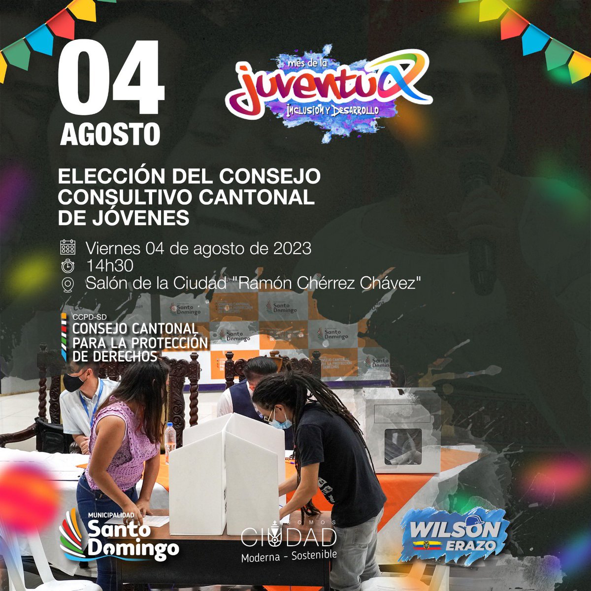 Participa de la Elección del CCC Jóvenes. 

⏳Fecha: viernes 04 de agosto de 2023.
⏰Hora: desde las 14h30.
📌Lugar: Salón de la Ciudad "Ramón Chérrez Chávez" .

El principal requisito es tener de 18 a 29 años✅.