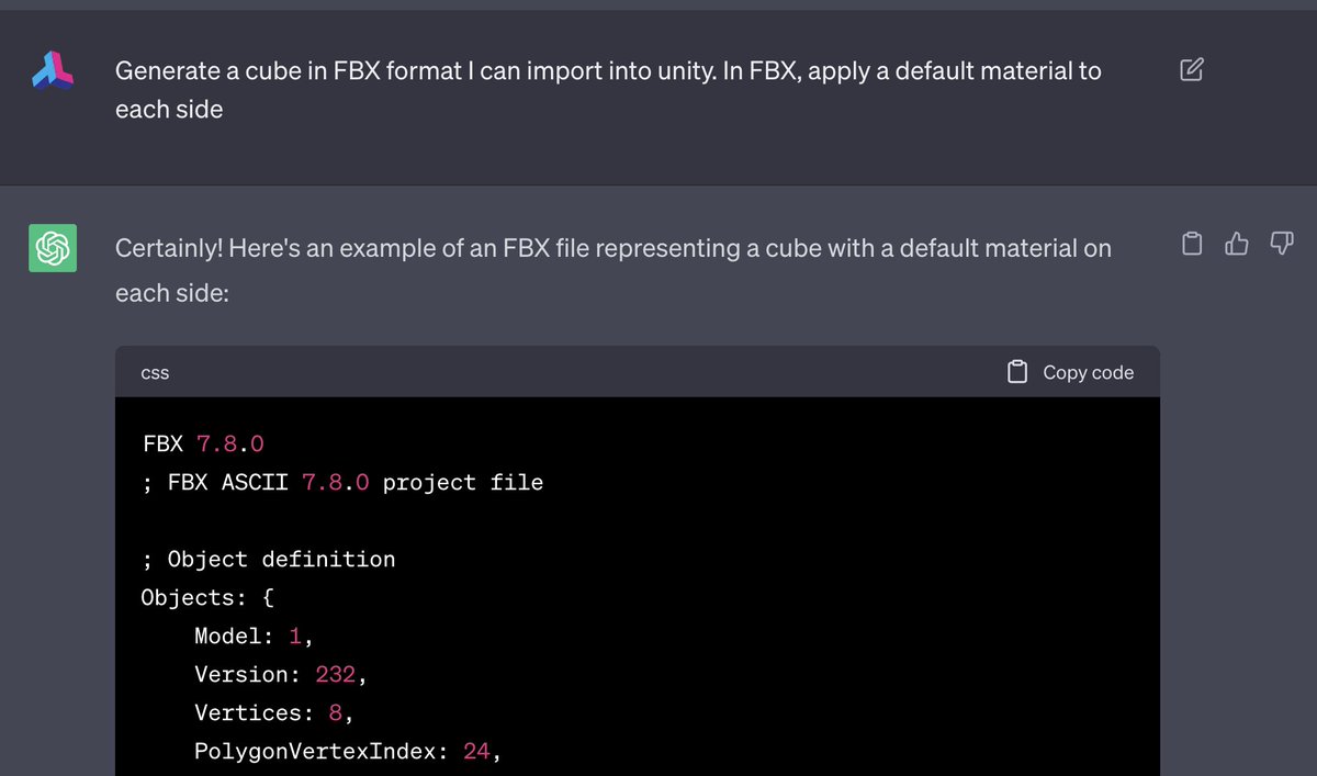 TimLobes's tweet photo. In May '23 #ChatGPT was able to generate the fbx code for simple models. Presently, 3.5 and 4x are no longer able to and only provide a manual walkthrough. Am I missing a special prompt to unlock this or was it nerfed? @OpenAI https://t.co/8RAWZdp9Dt