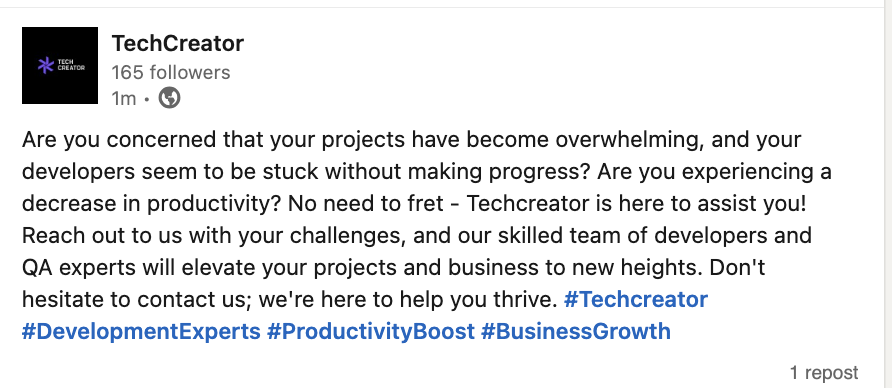 Are you concerned that your projects have become overwhelming, and your developers seem to be stuck without making progress? Are you experiencing a decrease in productivity? Techcreator is here to assist you! #Techcreator #DevelopmentExperts #ProductivityBoost #BusinessGrowth