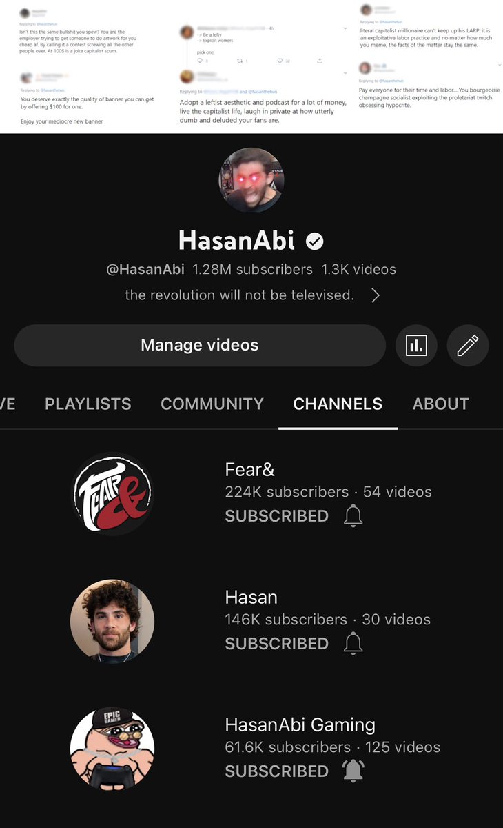 hasanthehun's tweet photo. these are the only 4 channels that i control. every other hasanabi channel you see on yt is fan operated. i don’t mind if they make money reuploading my livestreams &amp; monetizing it for themselves. you can email or strike them if you have issues w the content they’re uploading. https://t.co/5XMz7Ws0Eq