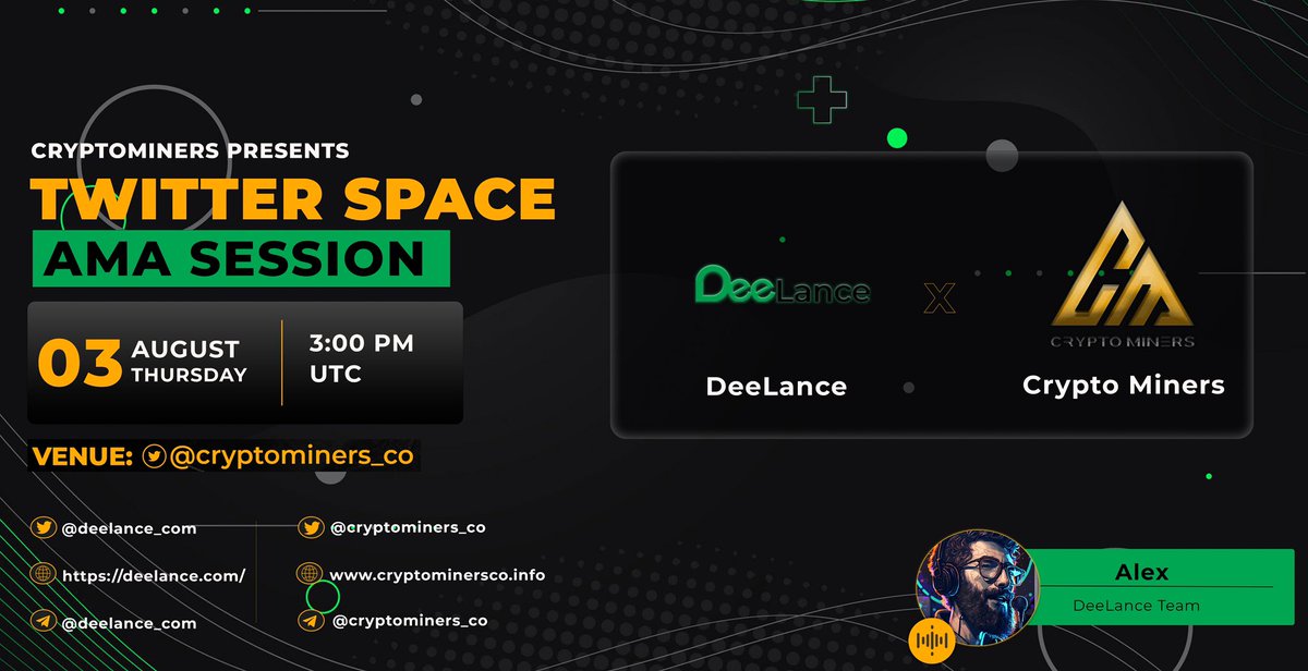 CryptoMiners_Co's tweet photo. 🎙️ Join us for the next Twitter Space #AMA with Deelance 

🕰️ 3rd August at 6:00 PM UTC
📌 Set reminder: https://t.co/qrY07EPsOx

1⃣ Follow @Cryptominers_co &amp; @deelance_com
2⃣ Like &amp; RT https://t.co/URZVlrFlxR