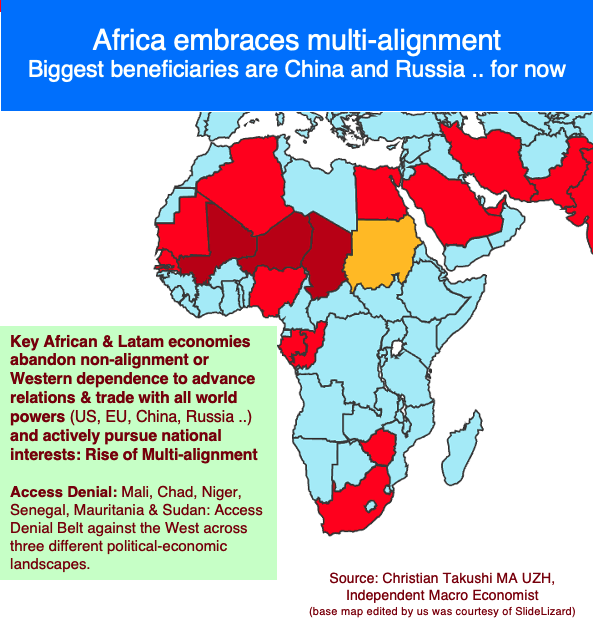 ChrisTakushi's tweet photo. The rise of multi-alignment and long simmering resentment in Africa & Latin America against the West are constraining G7 influence. Overlooked by Europe: An Access Denial of key Land & Maritime Routes gathers pace. Wall Street isn't paying attention yet.  #AccessDenial #EuropeAtRisk #Africa #EU #investors  #StrategicForesight