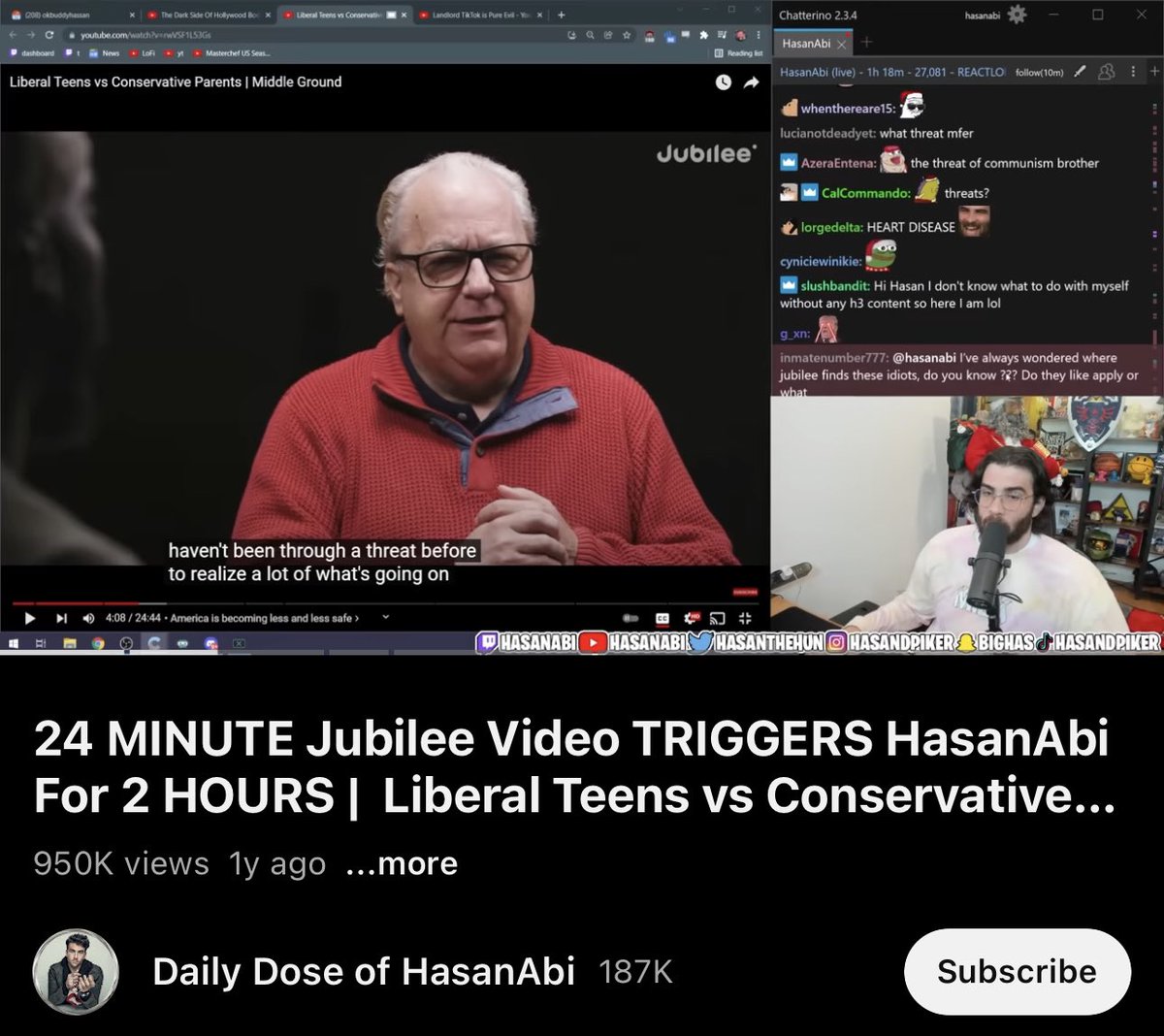hasanthehun's tweet photo. when i watch yt videos on stream the overwhelming majority is from content creators ik personally. there are ofc instances where that’s not the case. but the goal is to make a transformative product for yt. that’s why my reacts often 2x the runtime. i pull clips + add context. https://t.co/k2CLGFCl1O