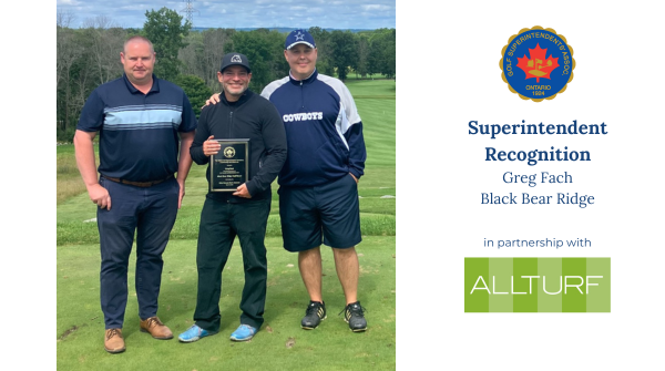 OntarioGSA's tweet photo. More #SuperRec today! The OGSA's @gunsean2121 alongside @_Super_Rob from @AllTurf_LTD are happy to present @BBRgolf super Greg Fach for him and his teams amazing work making the greens immaculate for the 101st Ontario Men's Amateur! Couldn't do it without you! β³ π https://t.co/hi1uj2FUBN