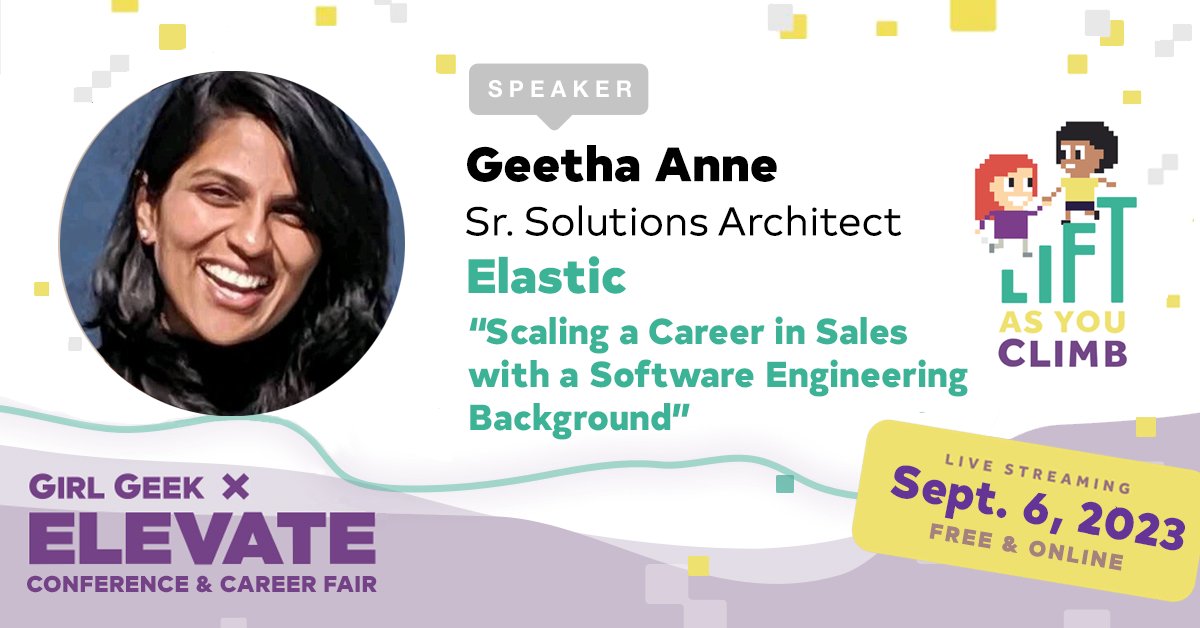 GirlGeekX's tweet photo. An engineer w/ keen interest in business? Geetha Anne (Senior Solutions Architect at Elastic) will share her personal journey from writing code to furthering a career in the sales engineering world. FREE RSVP for the livestreaming event on Sept 6th: https://t.co/ulnWZpLtH2 https://t.co/LmpEAirsId