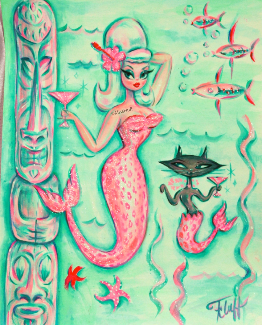 💚 Happy Tiki Tuesday! 💚
Here is a sassy mermaid loosely inspired by vintage Barbie enjoying brunch cocktails with her kitty friend. Original was acrylic and glitter on watercolor paper. 💋
.
.
#tikituesday #tikiart #tikistyle #tikitime #Tiki #mermaidart