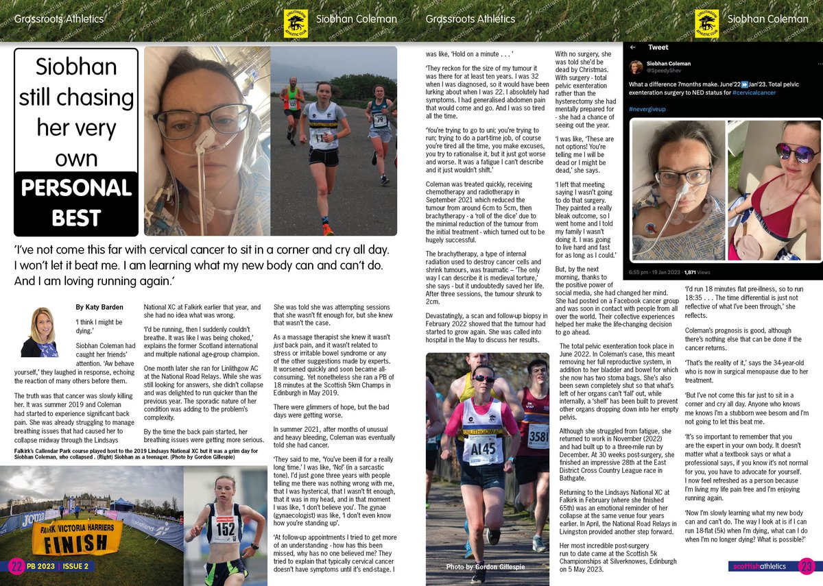 <a href="/katymaybarden/">Katy Barden</a> <a href="/SpeedyShev/">Siobhan Coleman</a> A quite remarkable story . . . and remarkable fortitude <a href="/SpeedyShev/">Siobhan Coleman</a> <a href="/LinlithgowAC/">LinlithgowAC</a> <a href="/JournoandGaz/">Linlithgow Gazette</a> 
✍️ Crafted superbly by <a href="/katymaybarden/">Katy Barden</a> 
<a href="/SusanEgelstaff/">Susan Egelstaff</a> <a href="/moira_gordon/">Moira Gordon</a> <a href="/HDewarSport/">heatherdewar</a> <a href="/stevendonn/">Steven Donn</a> <a href="/ArnoldBlack1/">Arnold Black MBE</a> <a href="/Womeninsport_uk/">Women in Sport</a> <a href="/WomensRunning/">Women's Running</a> <a href="/FranSnitjer/">Francesca Snitjer</a> <a href="/WomensSport/">Telegraph Women’s Sport</a> <a href="/michellesammet/">Michelle Sammet</a>