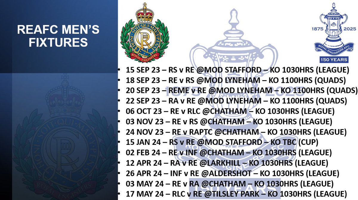 Our Men’s and Women’s fixtures for the coming seasons! Is it September yet?!?! @Proud_Sappers