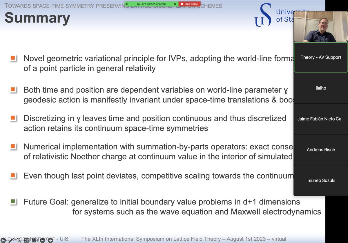rothkopfAK's tweet image. Just now @Fermilab #lattice2023 conference I presented recent work w/ J. Nordström (@liu_universitet) on a spacetime symmetry preserving discretization of initial value problems. We maintain manifest time-translation invariance &amp;amp; exactly preserve Noether charge. @forskningsradet