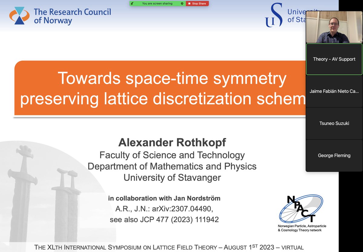 rothkopfAK's tweet image. Just now @Fermilab #lattice2023 conference I presented recent work w/ J. Nordström (@liu_universitet) on a spacetime symmetry preserving discretization of initial value problems. We maintain manifest time-translation invariance &amp;amp; exactly preserve Noether charge. @forskningsradet